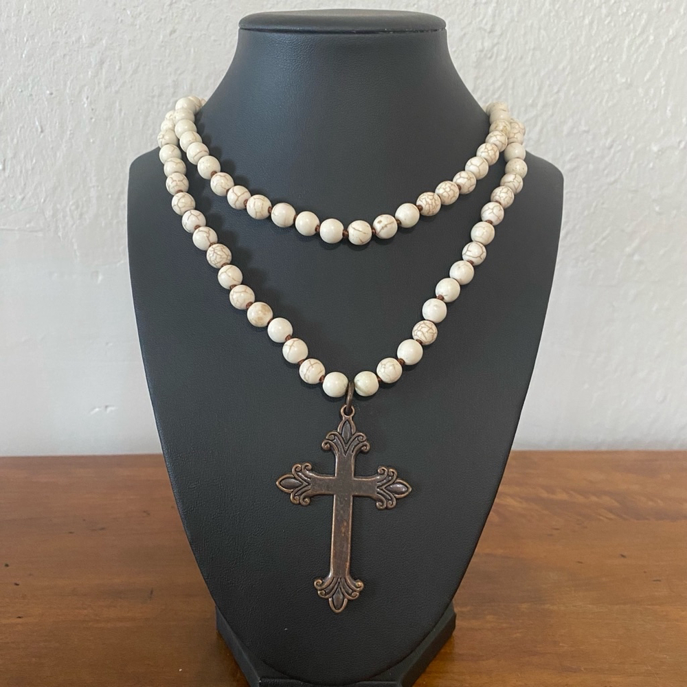 Howlite Beaded Necklace with Cross